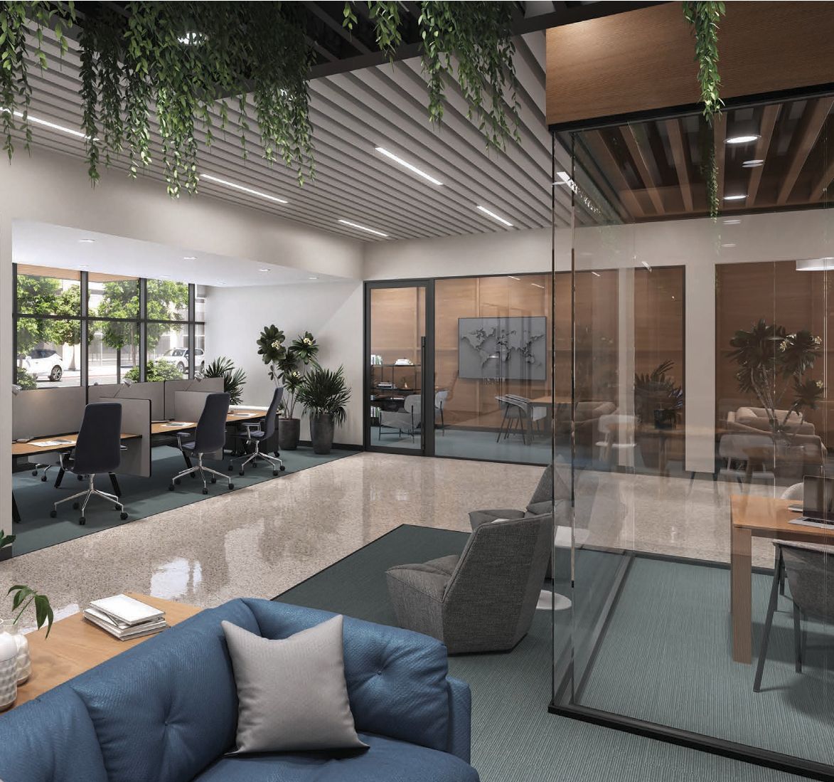An open workplace with glass-walled meeting rooms, the kind of space where SSO teaches